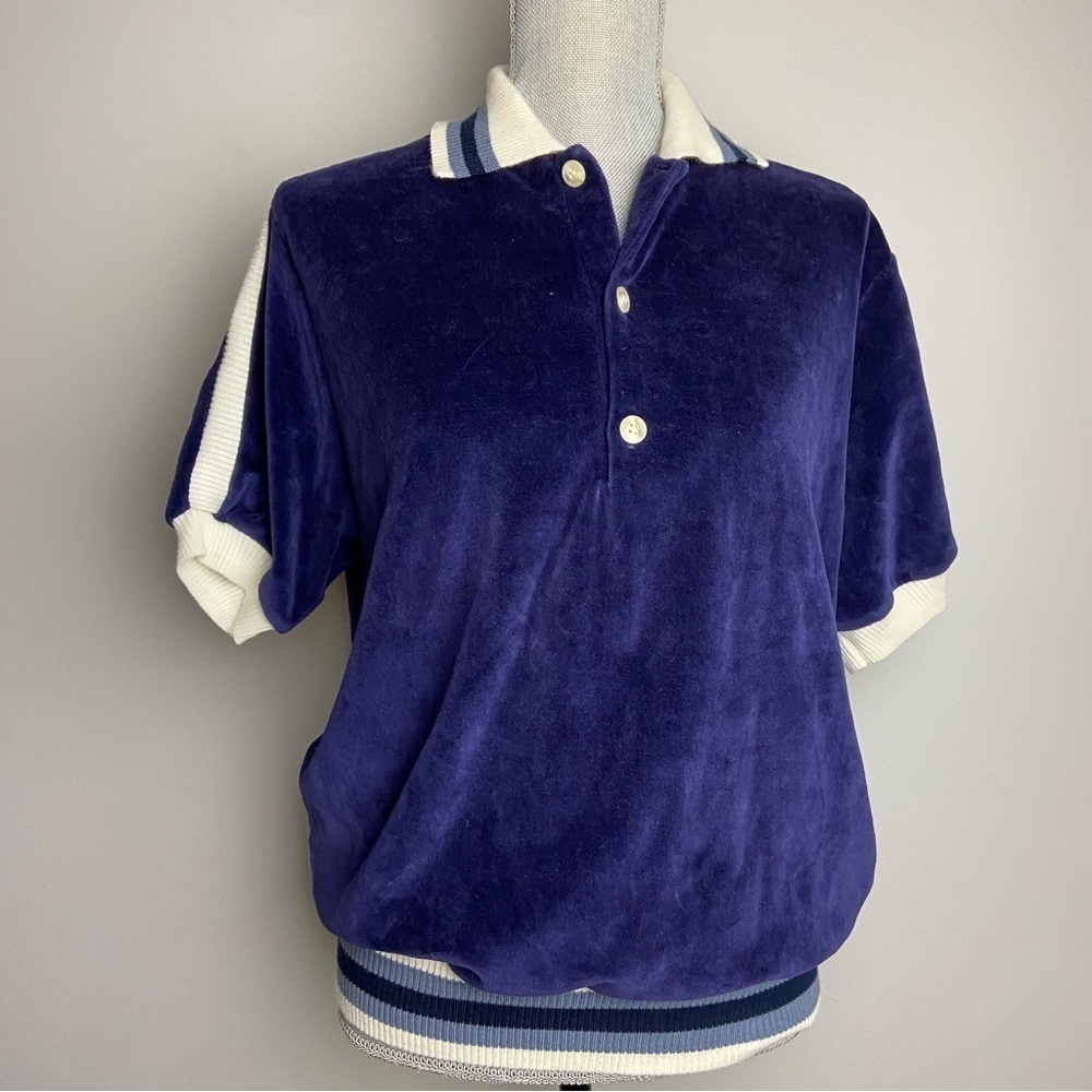 Vintage Navy Velour Polo Shirt – Classic Preppy Athleisure Half Button Down